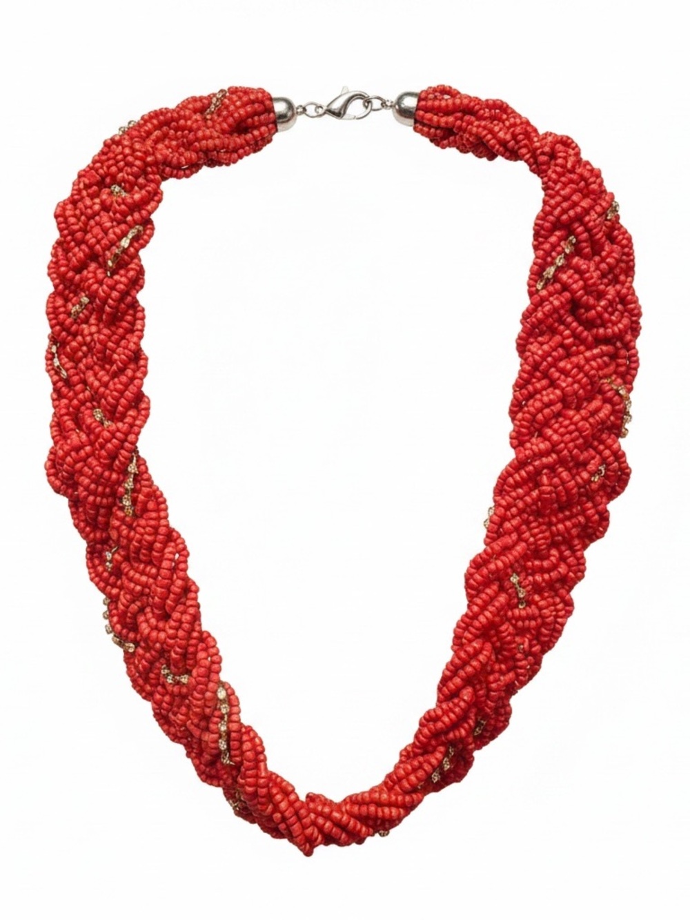 Vintage 70s 80s Chunky Red Braided Seed Bead Boho/Bib/Choker Rhinestone Necklace